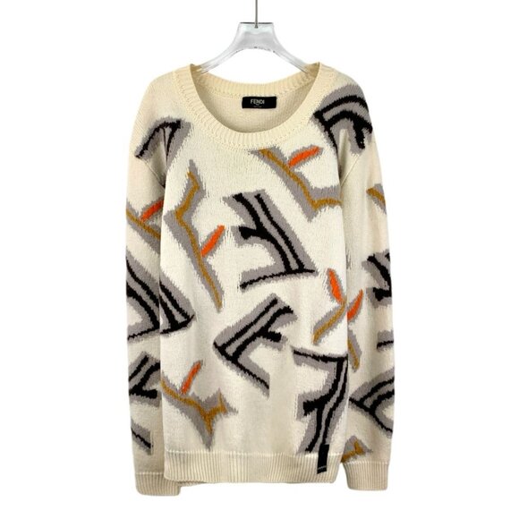 Fendi Beige Wool Long-Sleeve Logo Sweater XL Round-Neck Made In Italy High-Quali